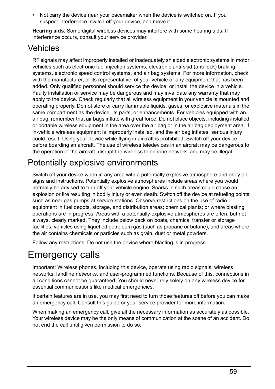 Vehicles, Potentially explosive environments, Emergency calls | Acer S520 User Manual | Page 59 / 70