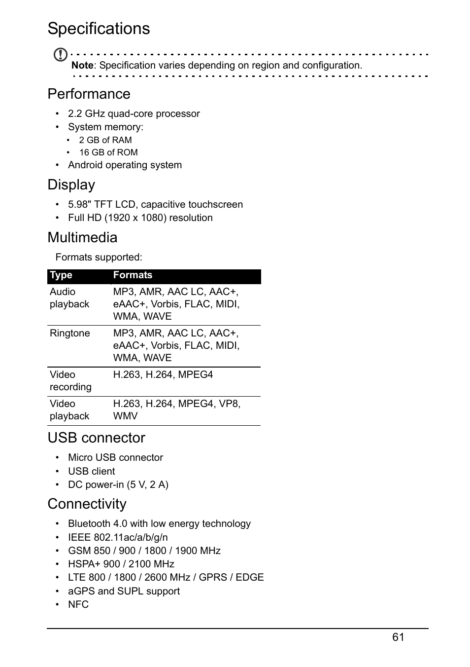 Specifications, Performance, Display | Multimedia, Usb connector, Connectivity | Acer S520 User Manual | Page 61 / 70