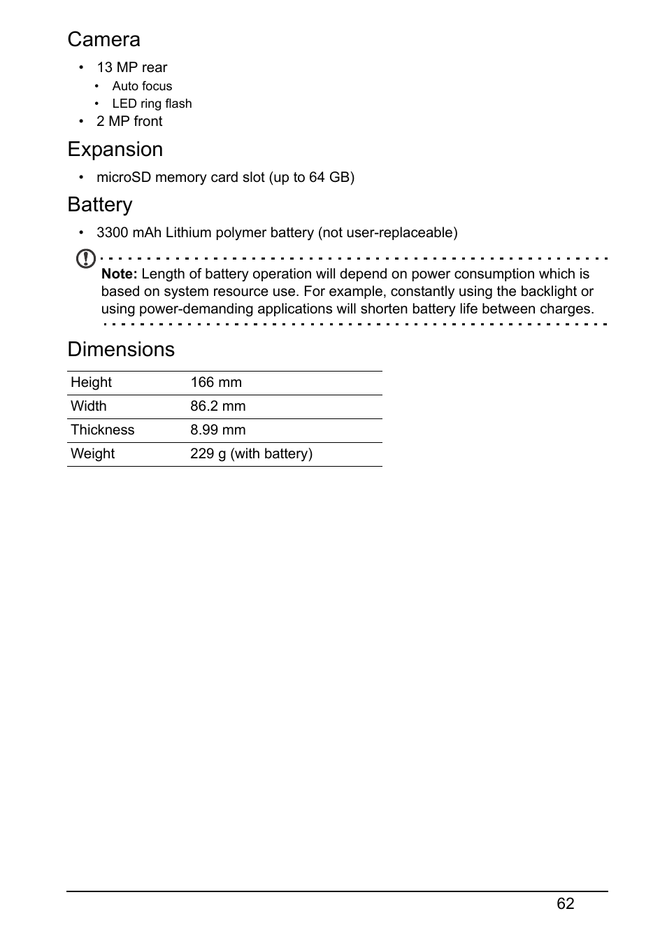 Camera, Expansion, Battery | Dimensions | Acer S520 User Manual | Page 62 / 70