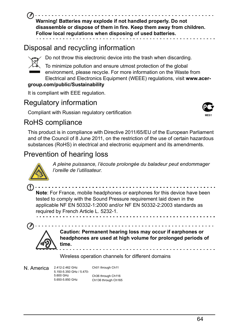 Disposal and recycling information, Regulatory information, Rohs compliance | Prevention of hearing loss | Acer S520 User Manual | Page 64 / 70