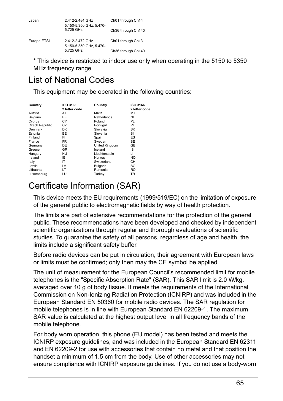 List of national codes, Certificate information (sar) | Acer S520 User Manual | Page 65 / 70