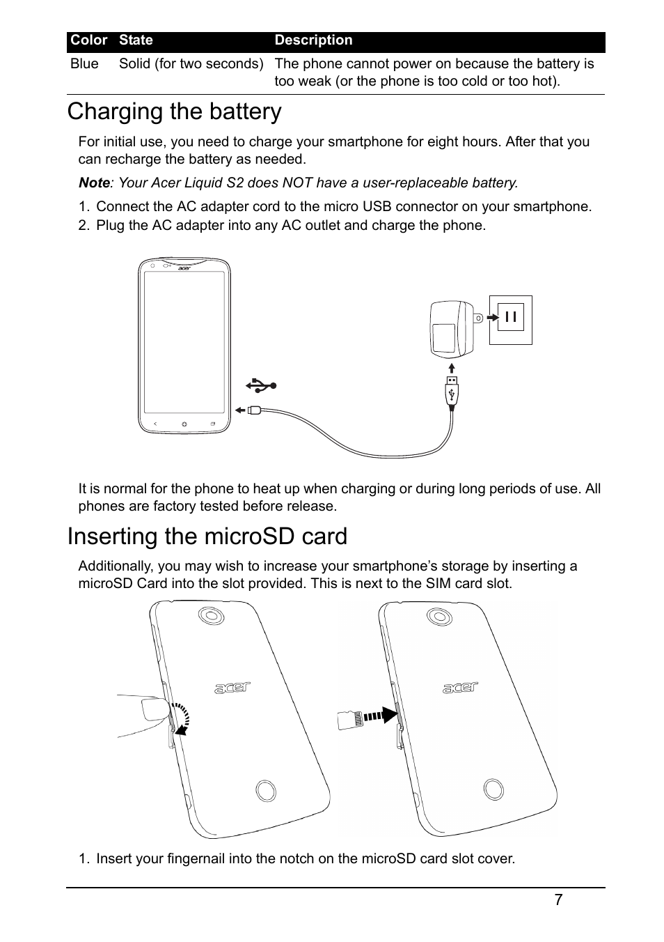 Charging the battery, Inserting the microsd card, Charging the battery inserting the microsd card | Acer S520 User Manual | Page 7 / 70