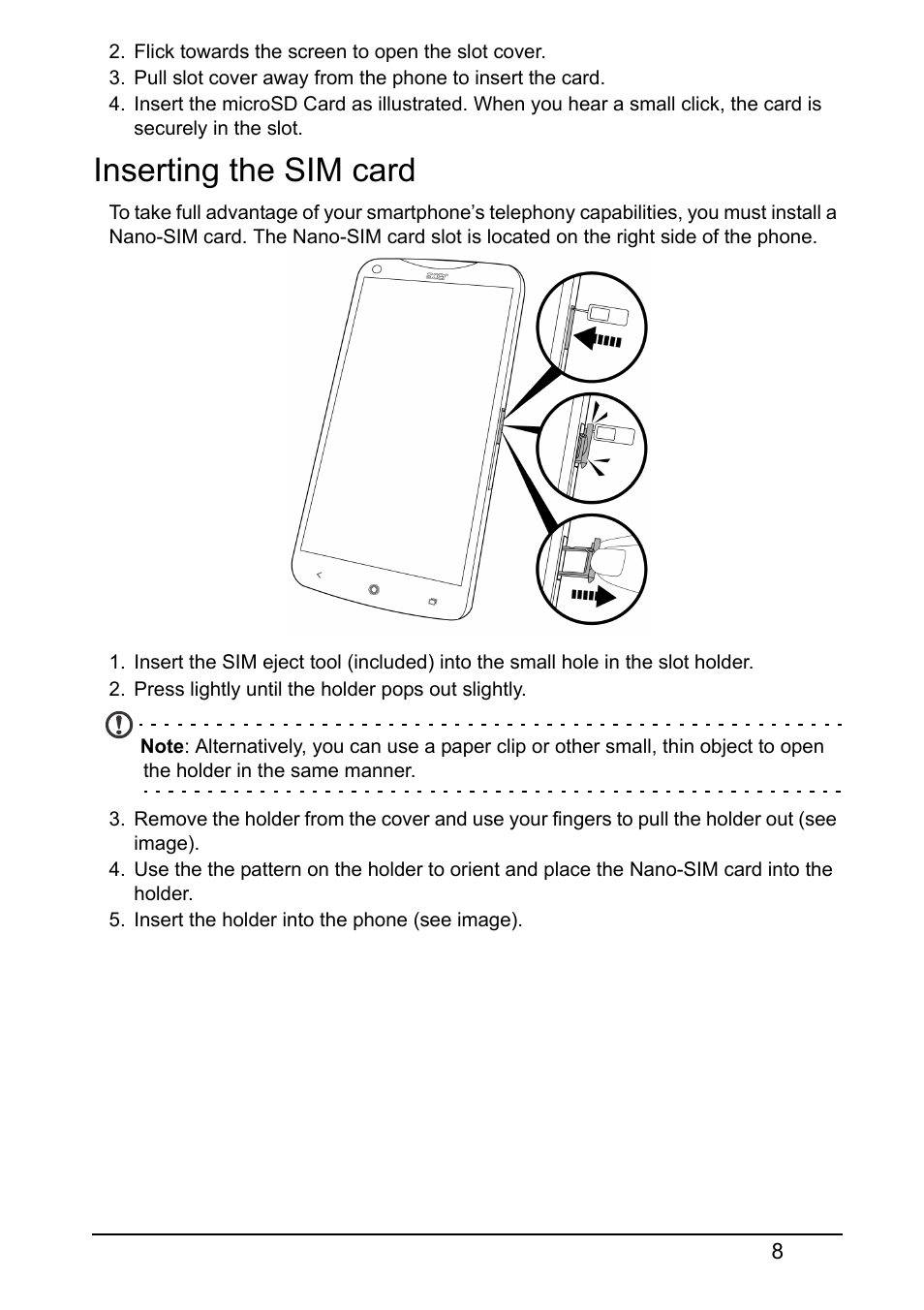 Inserting the sim card | Acer S520 User Manual | Page 8 / 70