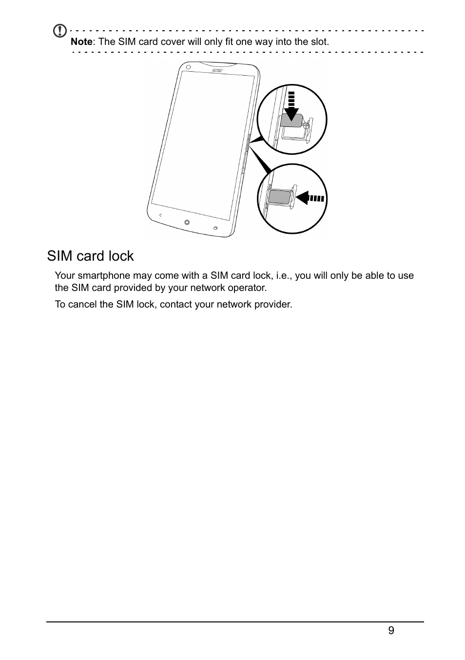 Sim card lock | Acer S520 User Manual | Page 9 / 70