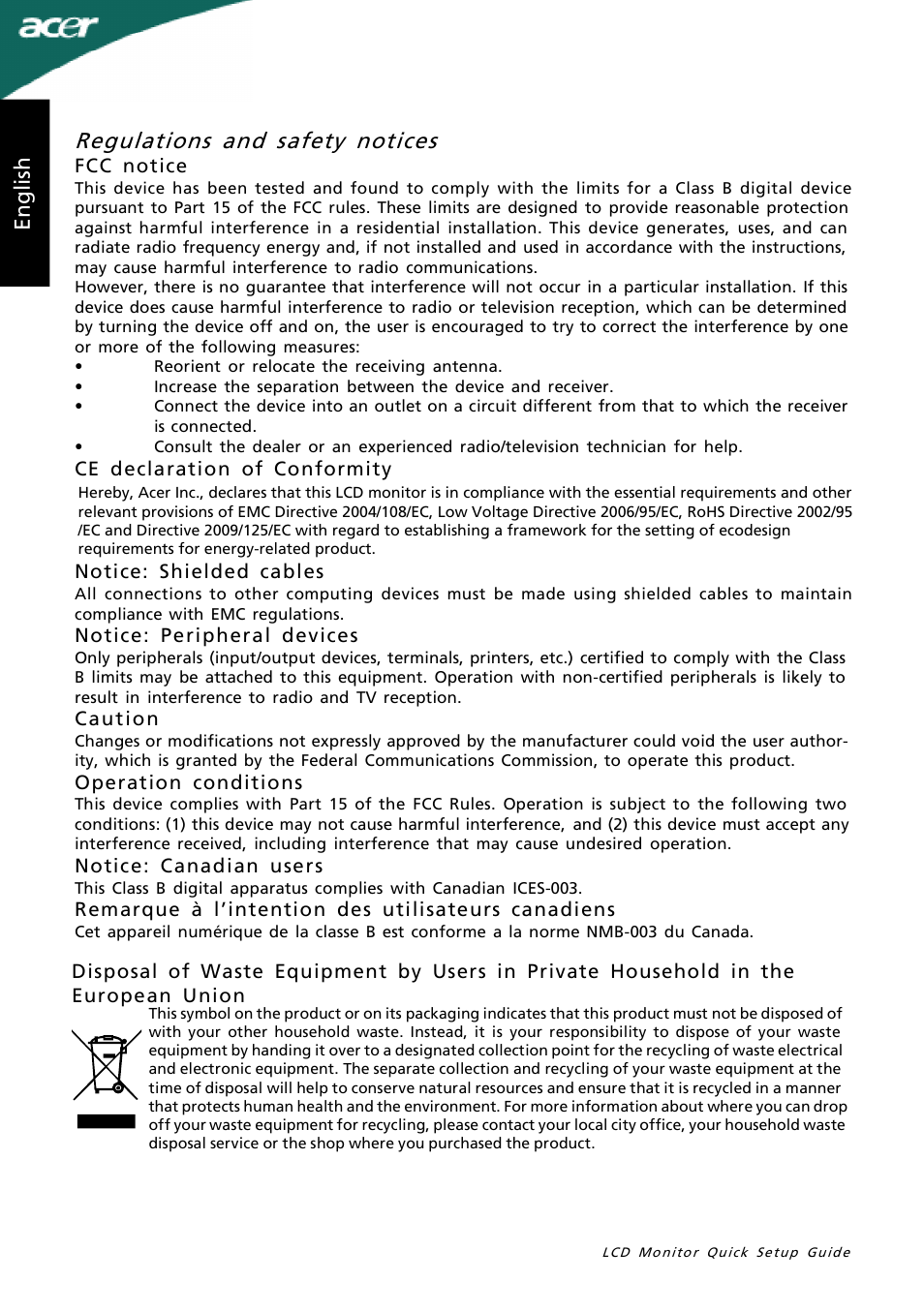 Regulations and safety notices, En gl is h | Acer B273HL User Manual | Page 2 / 2
