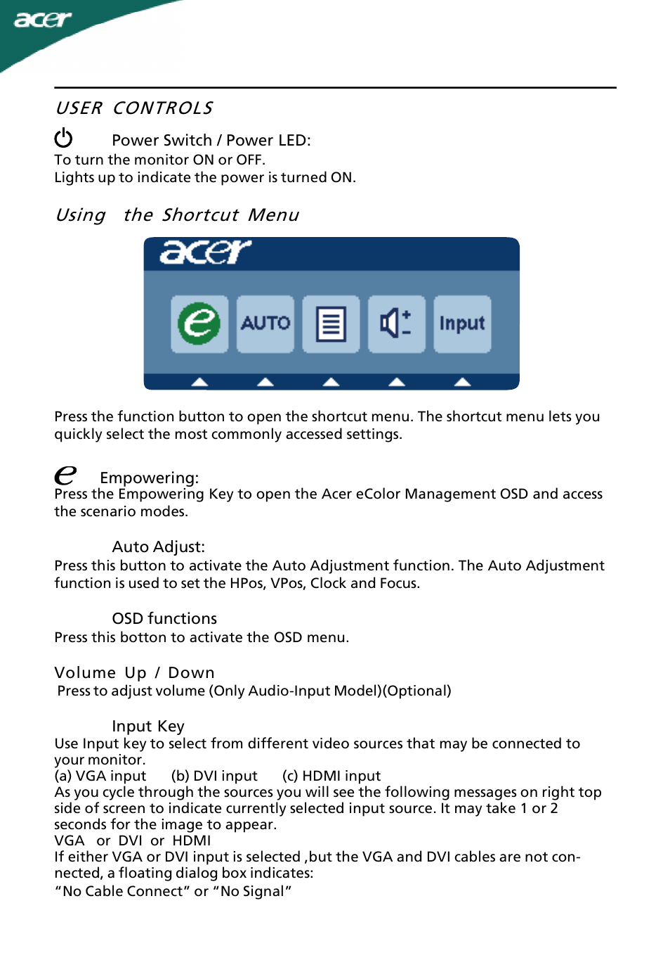 User controls, Using the shortcut menu | Acer G195W User Manual | Page 14 / 23