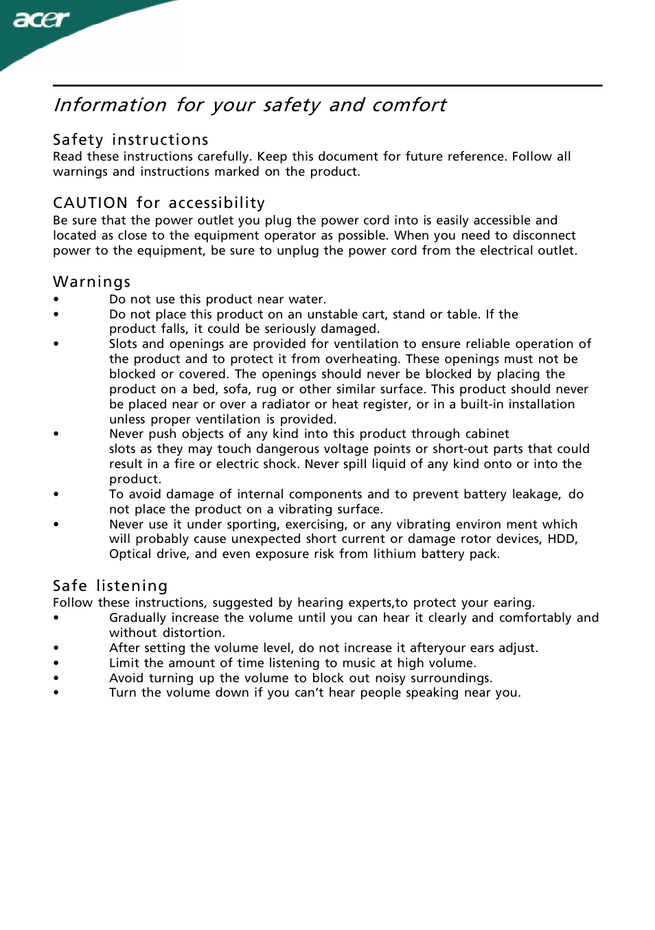 Information for your safety and, Comfort | Acer G195W User Manual | Page 3 / 23