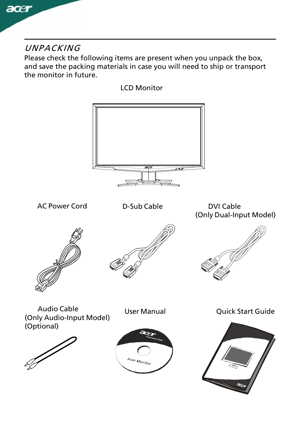 Unpacking | Acer G195W User Manual | Page 6 / 23