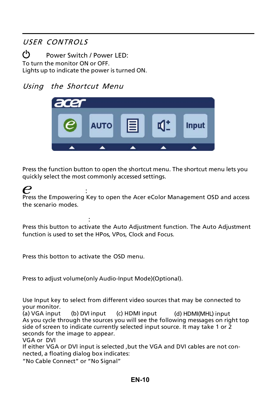 User controls, Using the shortcut menu | Acer H276HL User Manual | Page 19 / 29