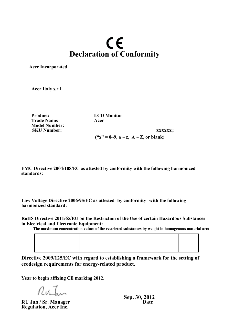 Declaration of conformity | Acer H276HL User Manual | Page 27 / 29