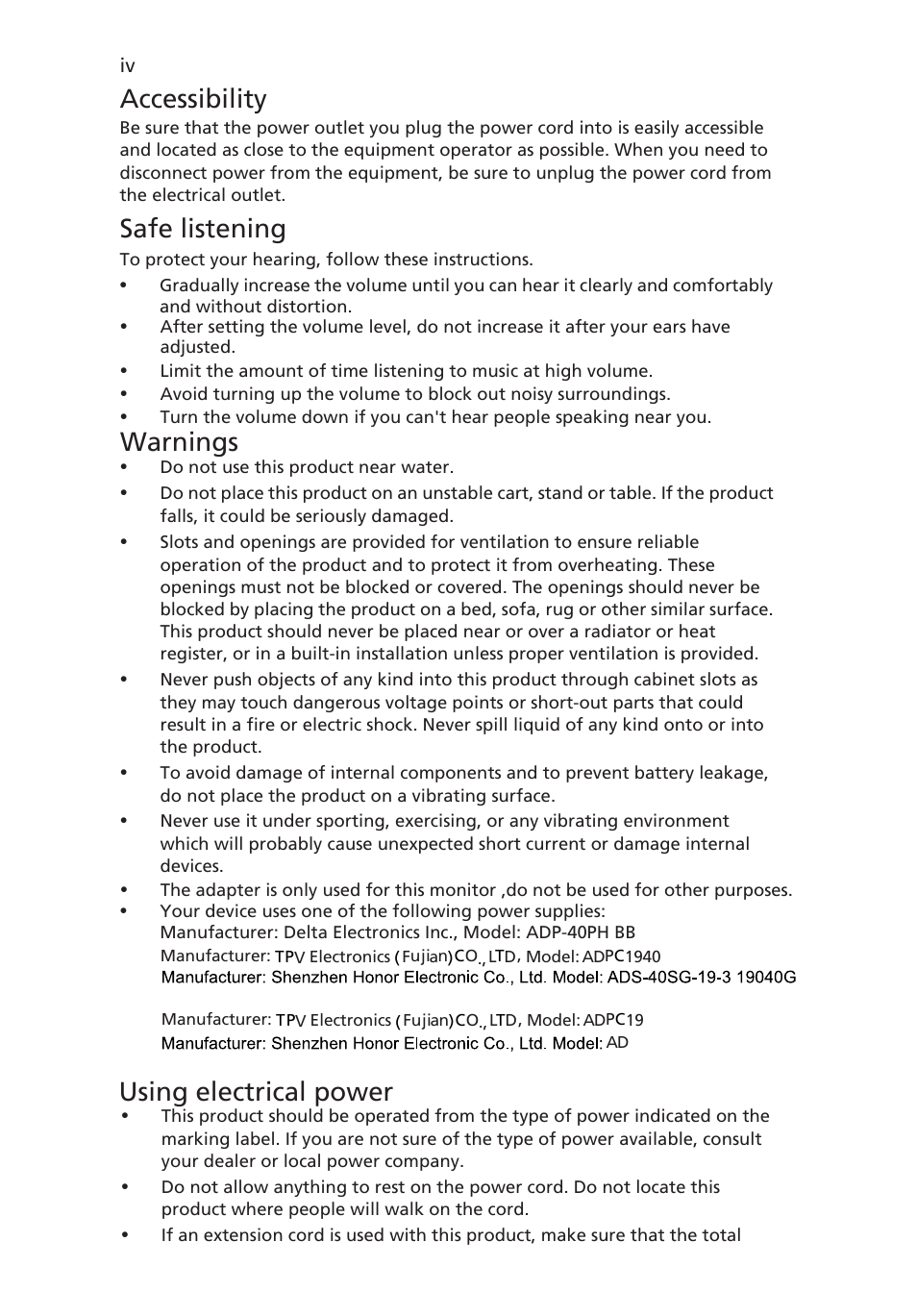 Accessibility, Safe listening, Warnings | Using electrical power | Acer H276HL User Manual | Page 4 / 29