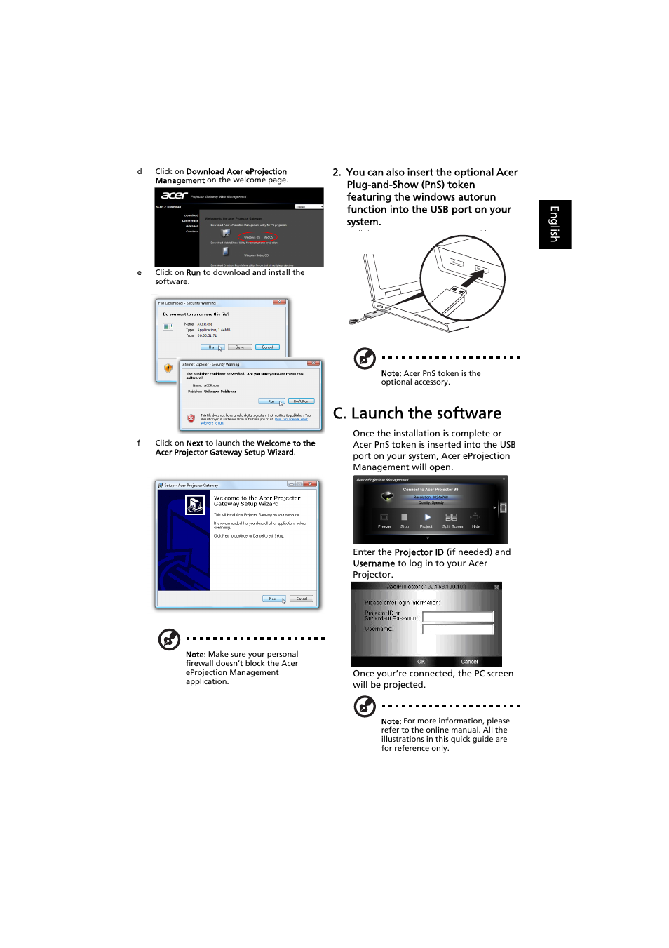 C. launch the software | Acer P7203B User Manual | Page 2 / 2