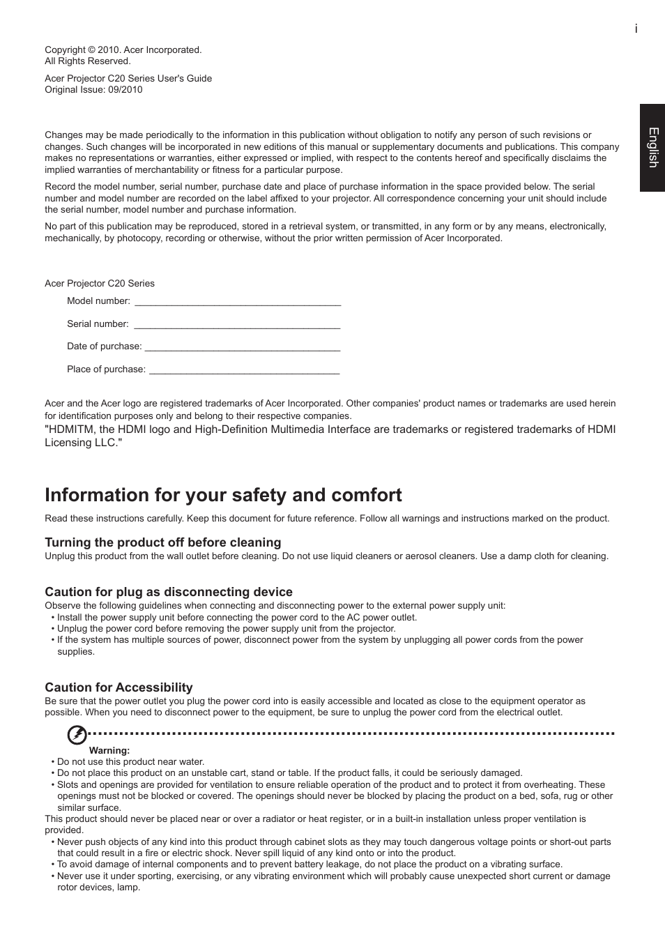 Acer C20 User Manual | 10 pages