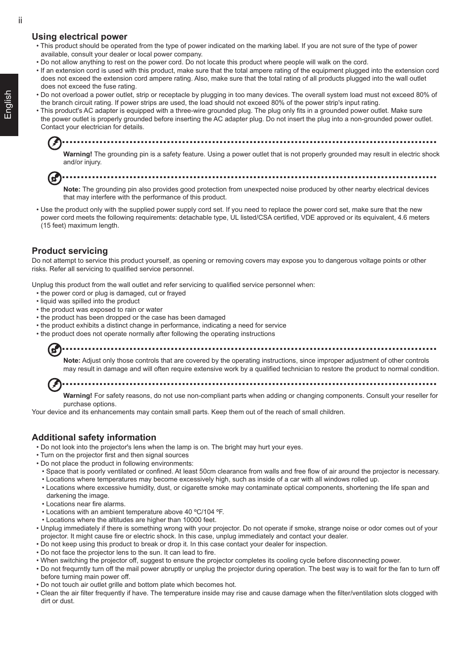 Engl sh  using electrical power, Product servicing, Additional safety information | Acer C20 User Manual | Page 2 / 10
