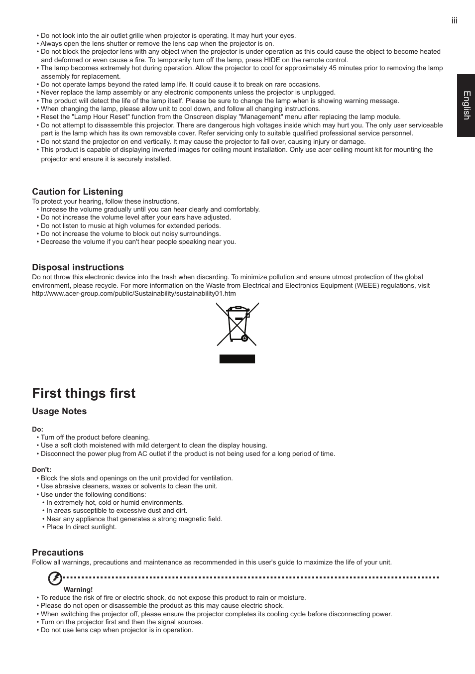 First things first, Engl sh, Caution for listening | Disposal instructions, Precautions | Acer C20 User Manual | Page 3 / 10