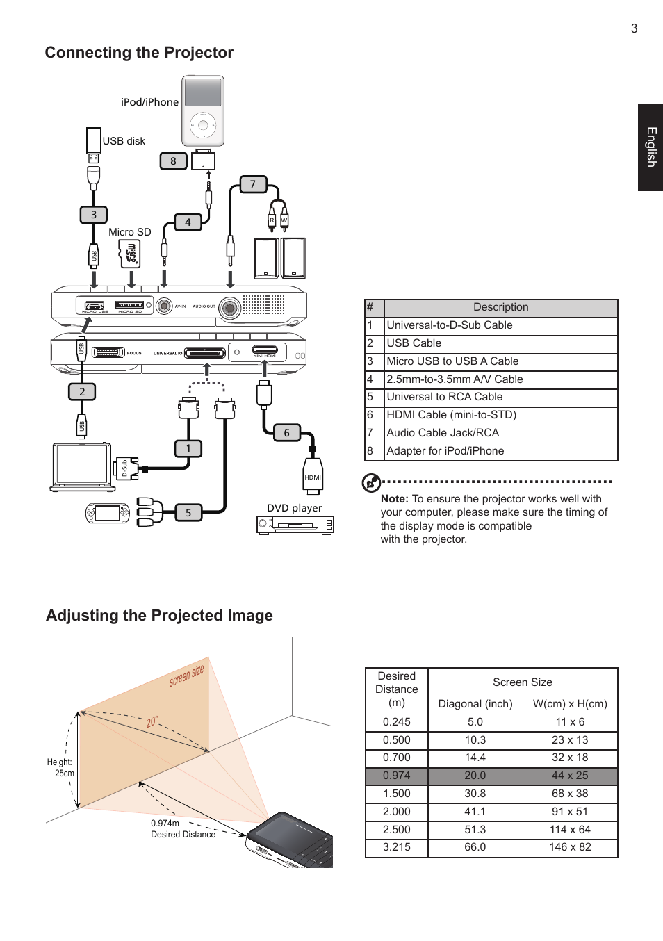 Connecting the projector, Adjusting the projected image, Screen size | Acer C20 User Manual | Page 6 / 10
