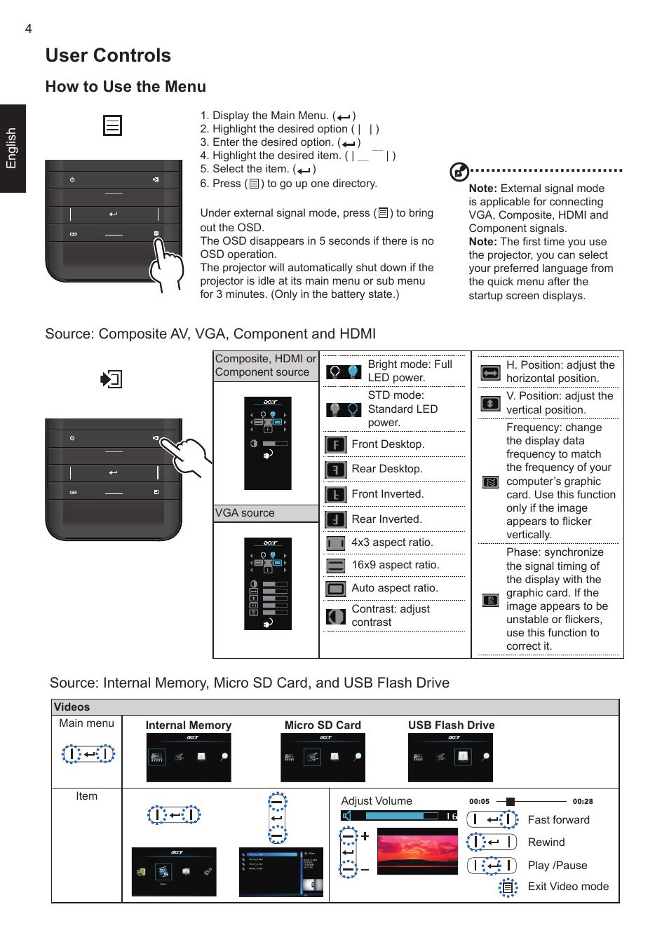 User controls, How to use the menu, Source: composite av, vga, component and hdmi | Acer C20 User Manual | Page 7 / 10