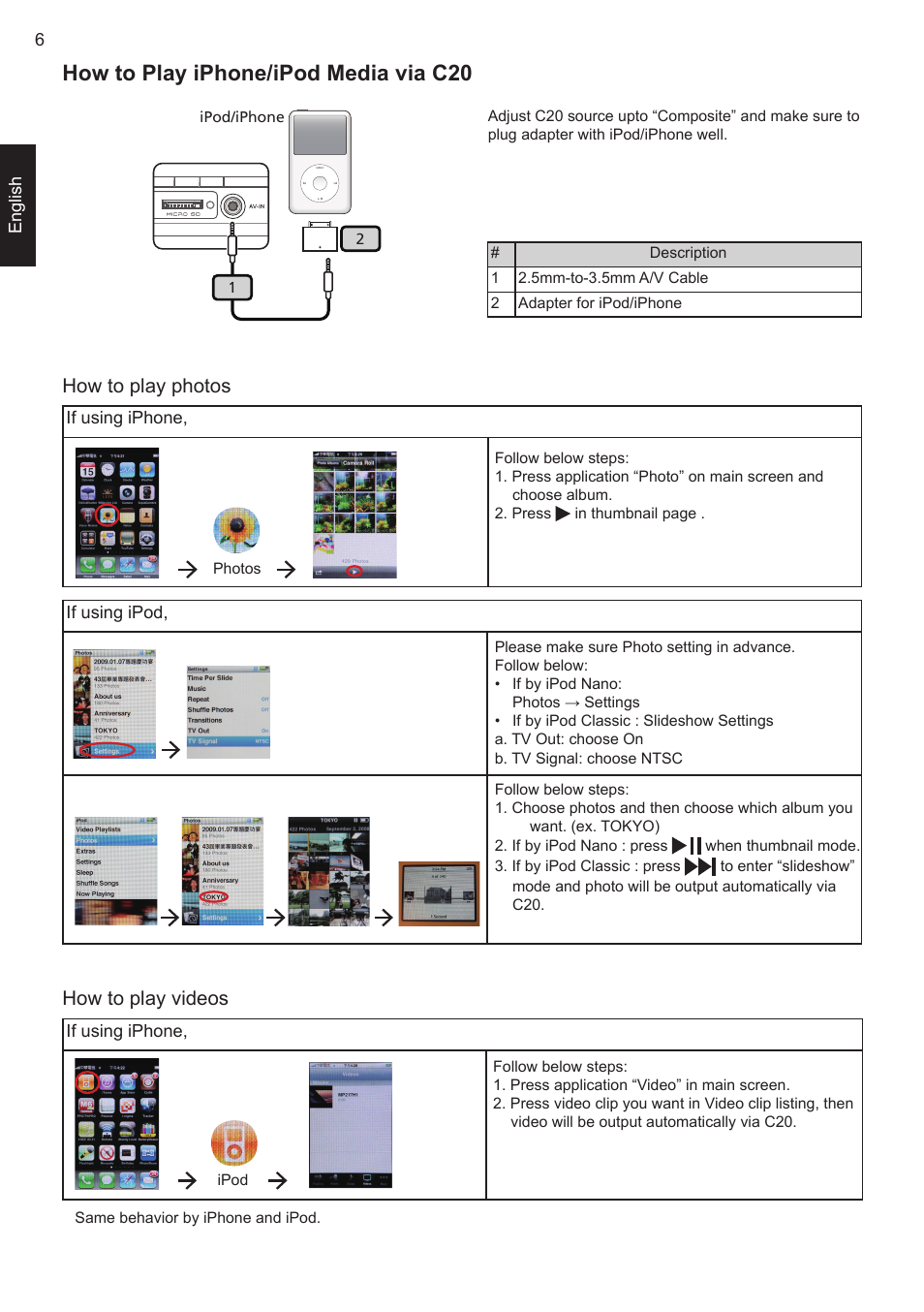 How to play iphone/ipod media via c20, How to play photos, How to play videos | How to play vdeos | Acer C20 User Manual | Page 9 / 10