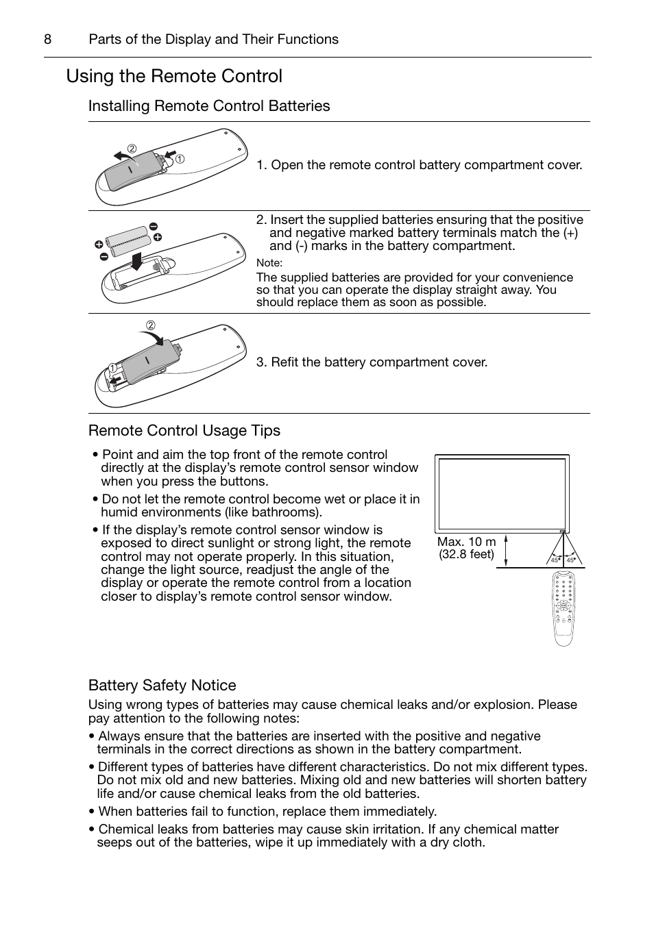 Using the remote control, Installing remote control batteries, Remote control usage tips | Battery safety notice | Acer DV650C User Manual | Page 10 / 50