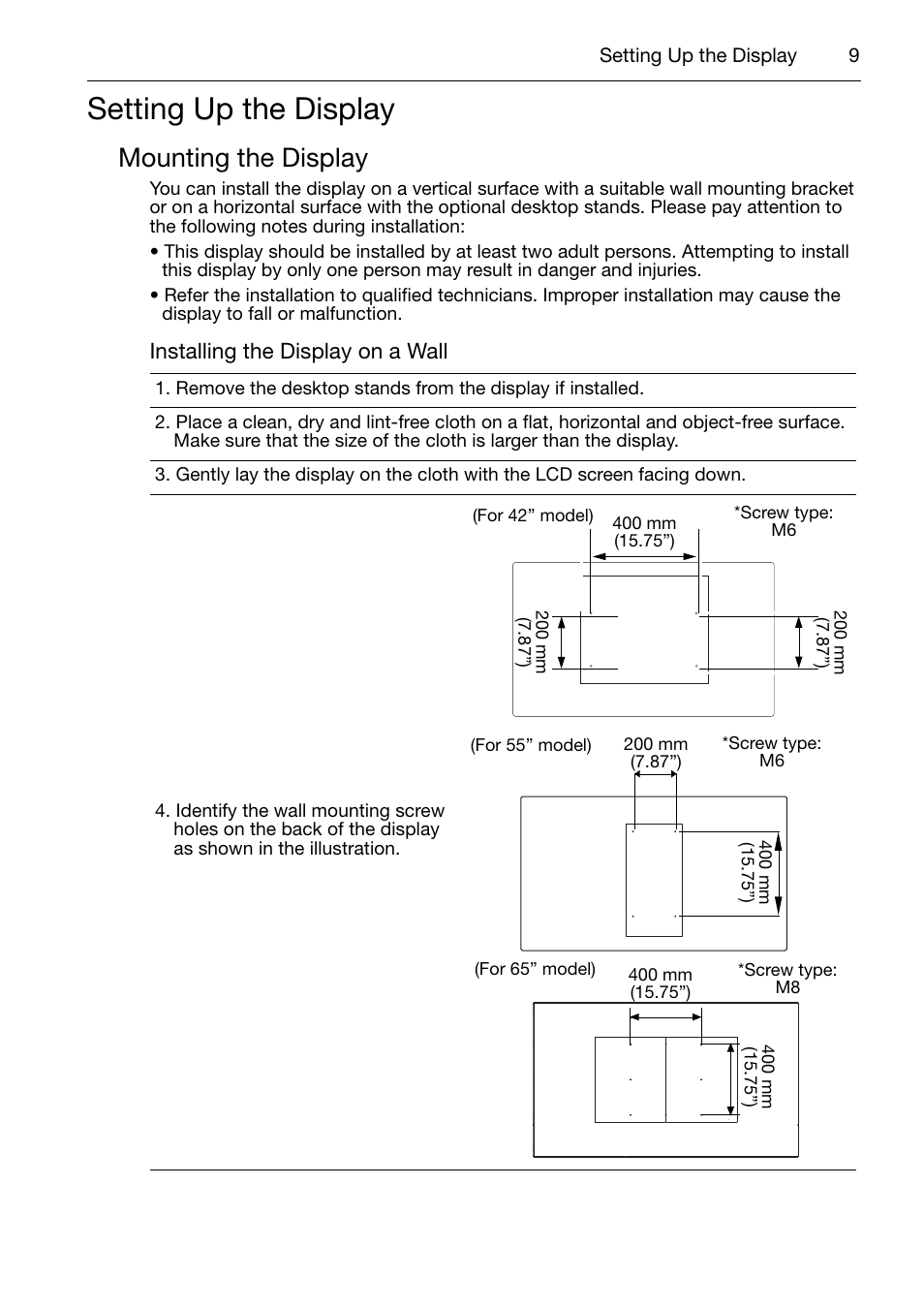 Setting up the display, Mounting the display, Installing the display on a wall | Acer DV650C User Manual | Page 11 / 50