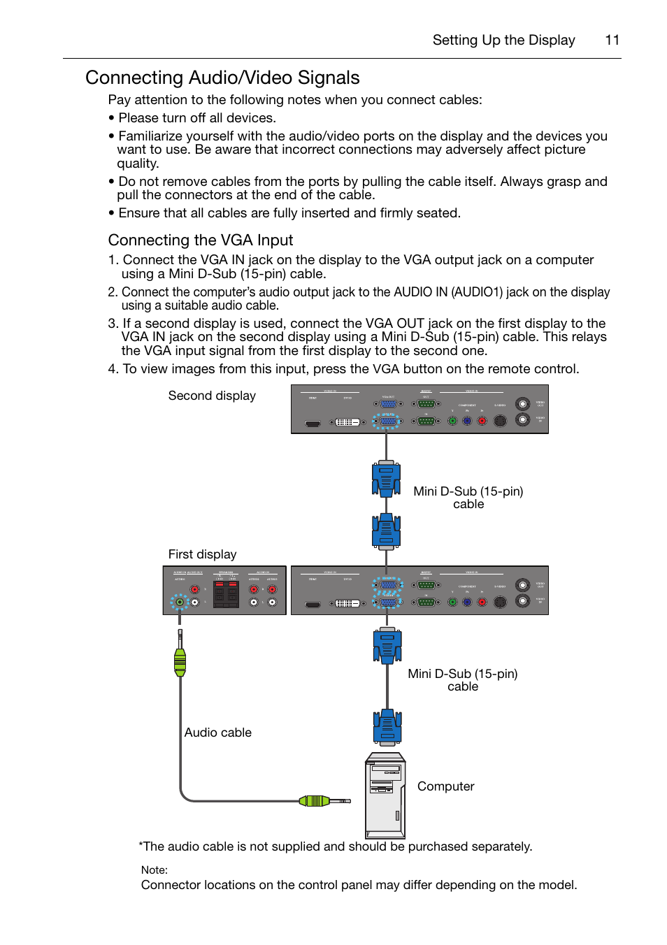 Connecting audio/video signals, Connecting the vga input | Acer DV650C User Manual | Page 13 / 50
