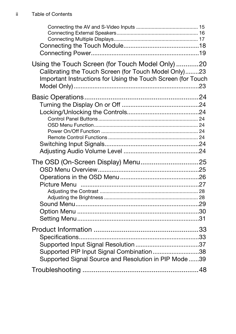 Connecting the touch module 18, Connecting power 19, Using the touch screen (for touch model only) 20 | Basic operations 24, Turning the display on or off 24, Locking/unlocking the controls 24, Switching input signals 24, Adjusting audio volume level 24, The osd (on-screen display) menu 25, Osd menu overview 25 | Acer DV650C User Manual | Page 2 / 50