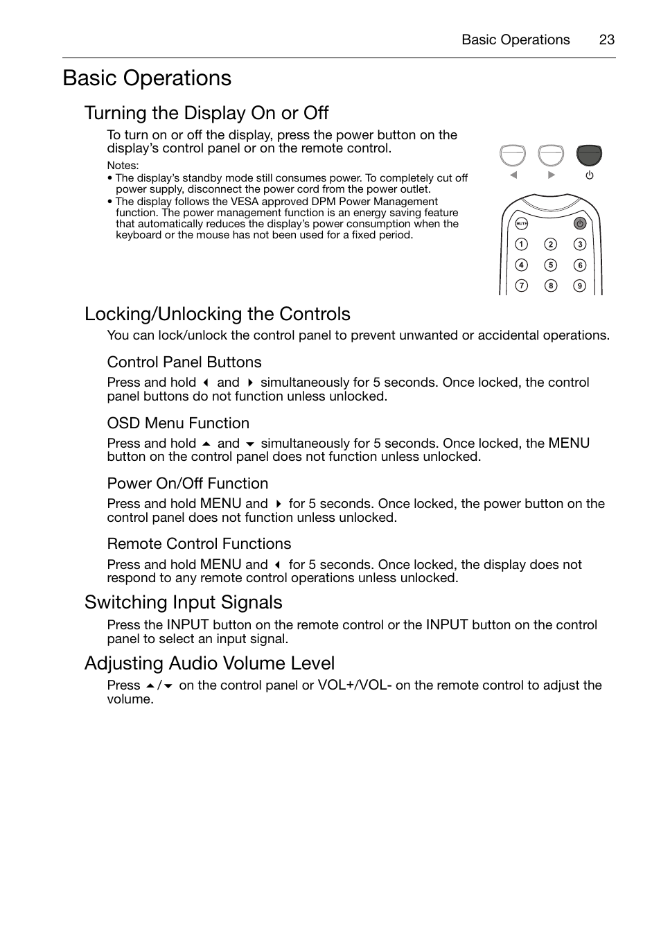 Basic operations, Turning the display on or off, Locking/unlocking the controls | Control panel buttons, Osd menu function, Power on/off function, Remote control functions, Switching input signals, Adjusting audio volume level | Acer DV650C User Manual | Page 25 / 50