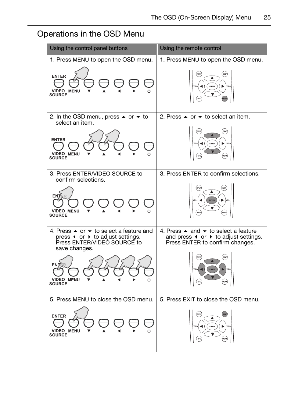 Operations in the osd menu | Acer DV650C User Manual | Page 27 / 50