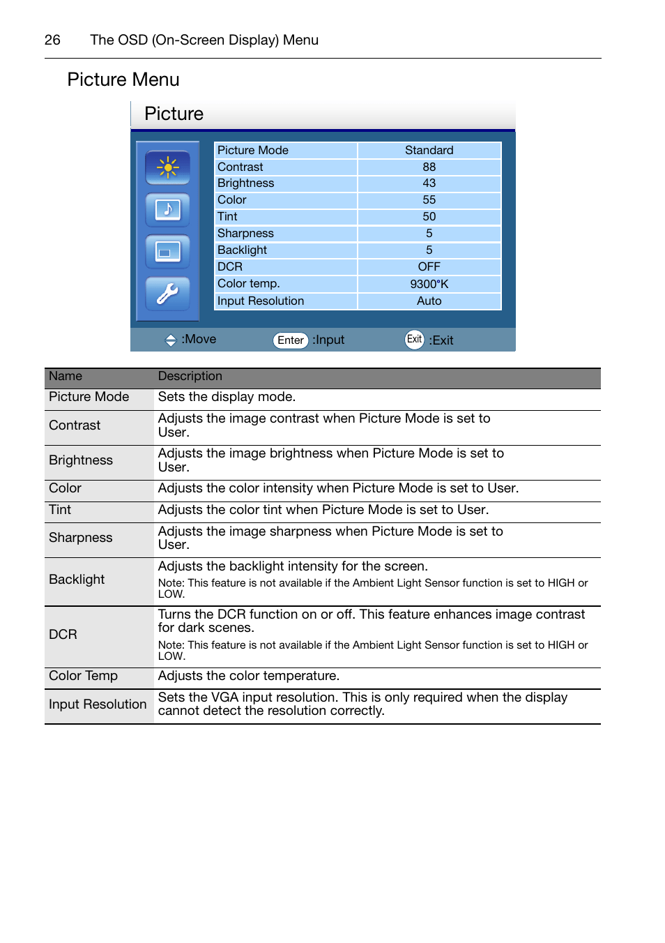 Picture menu, Picture | Acer DV650C User Manual | Page 28 / 50