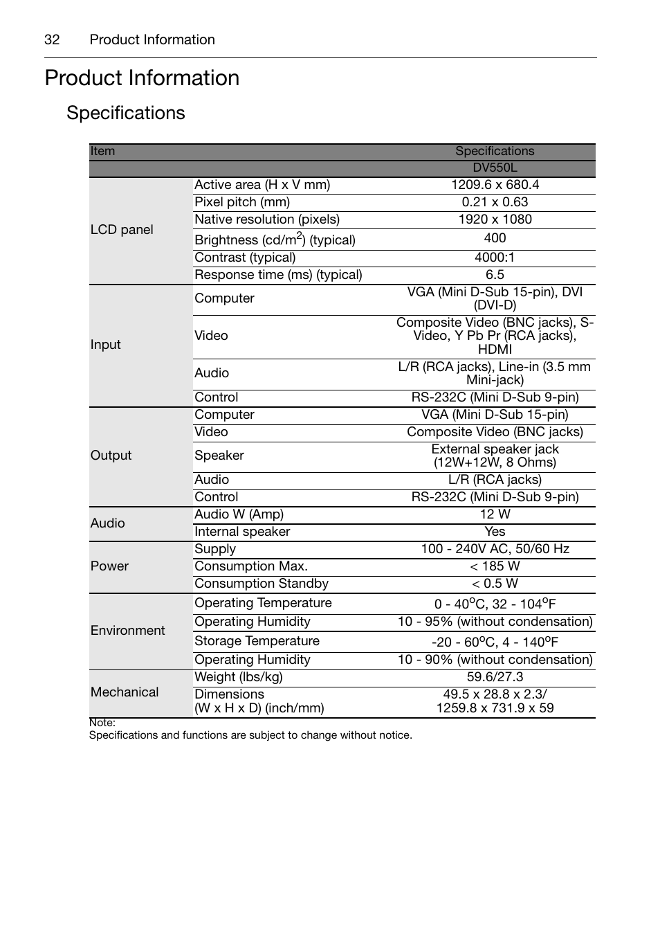 Product information, Specifications | Acer DV650C User Manual | Page 34 / 50