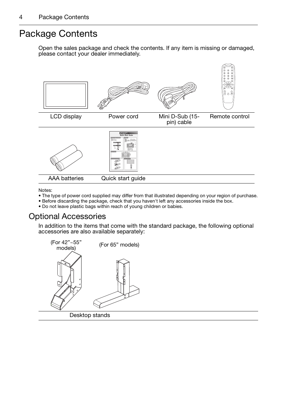 Package contents, Optional accessories | Acer DV650C User Manual | Page 6 / 50