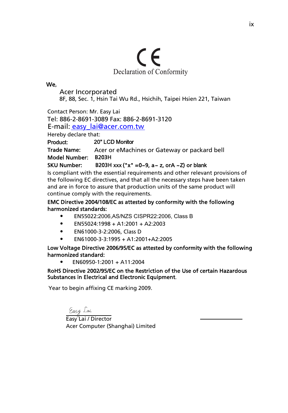 Acer incorporated | Acer B203H User Manual | Page 11 / 30