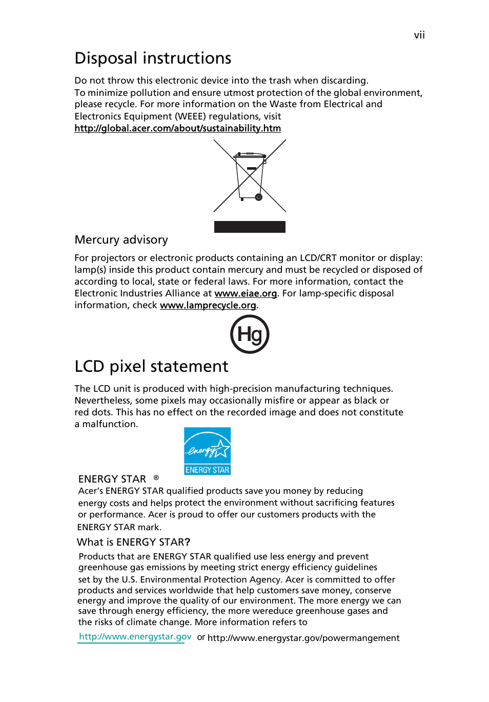Disposal instructions, Lcd pixel statement | Acer B203H User Manual | Page 7 / 30