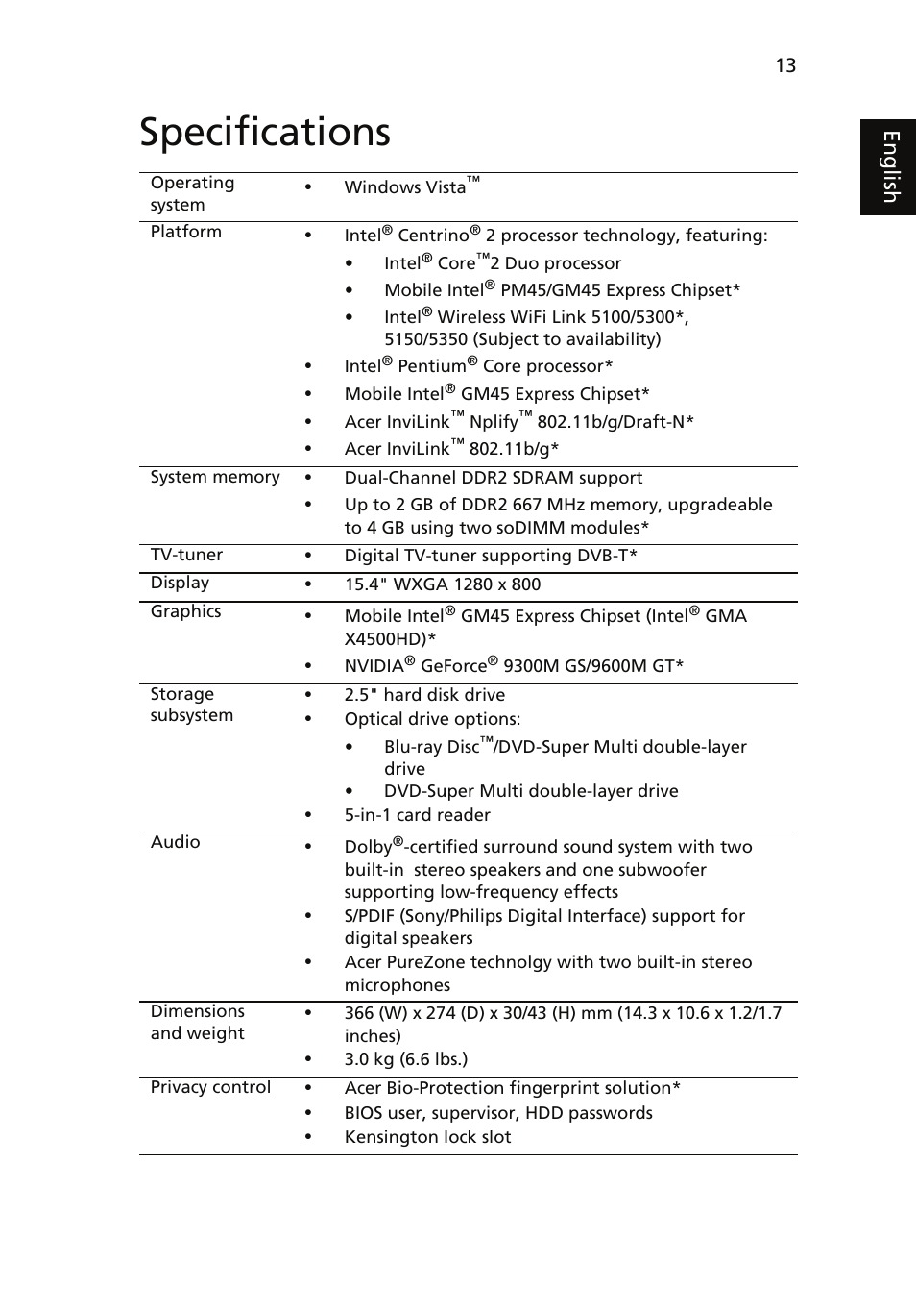 Specifications, Eng lis h | Acer Aspire 5730ZG User Manual | Page 13 / 15