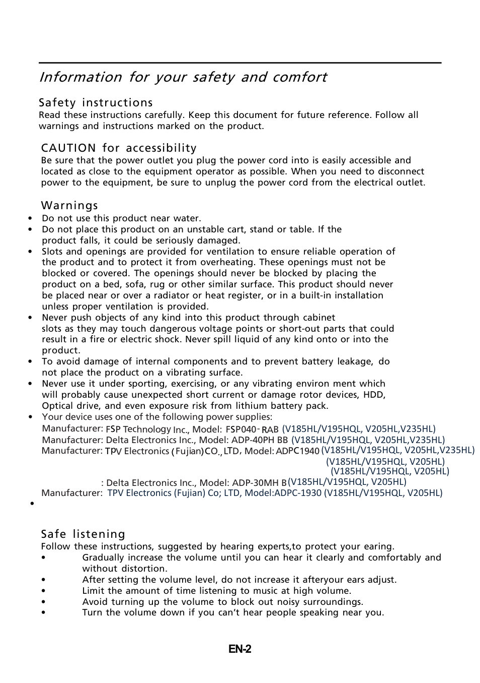 Information for your safety and, Comfort | Acer V235HL User Manual | Page 3 / 24