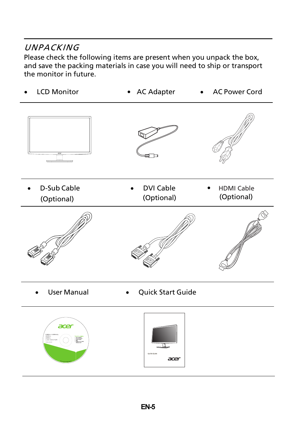 Unpacking, En-5 · lcd monitor, Optional) | Acer V235HL User Manual | Page 6 / 24