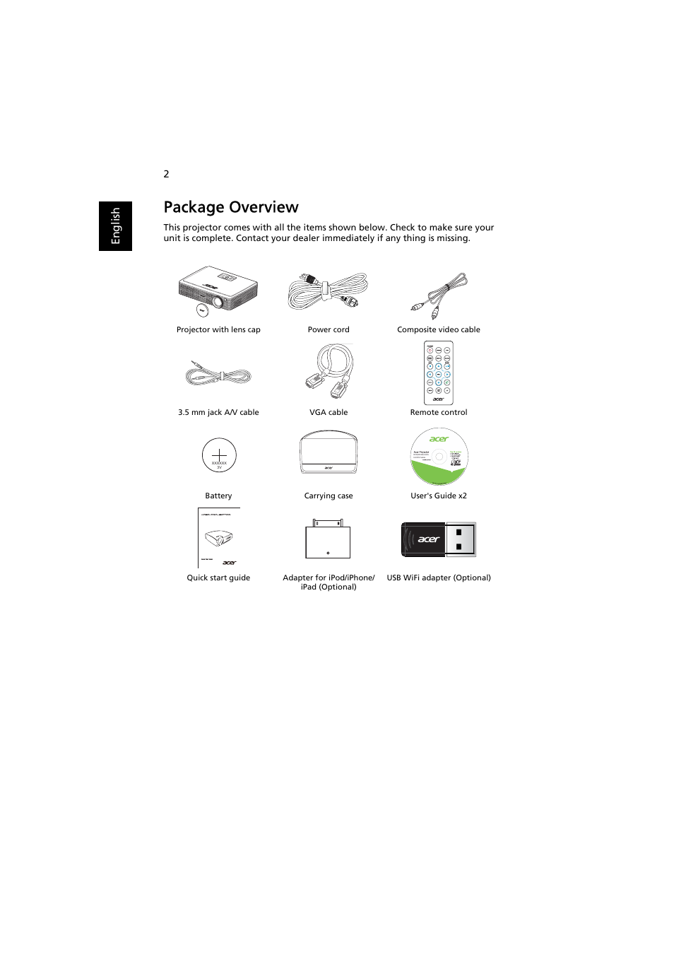 Package overview, En gl ish | Acer K330 User Manual | Page 12 / 54