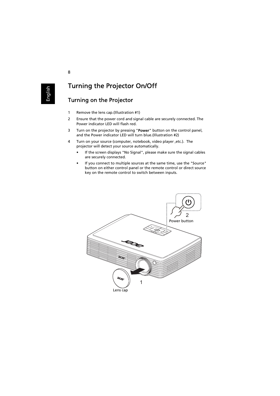 Turning the projector on/off, Turning on the projector | Acer K330 User Manual | Page 18 / 54