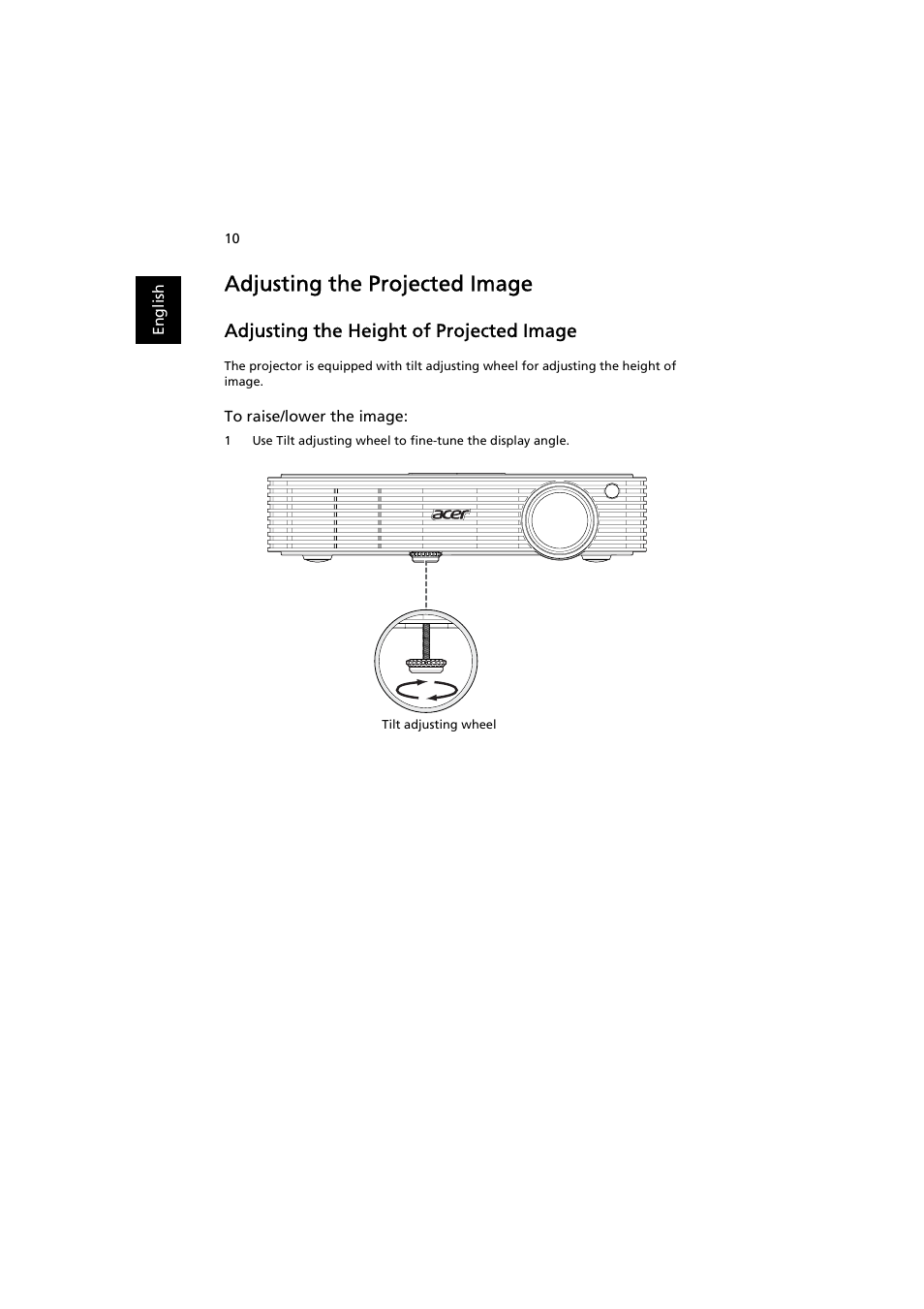 Adjusting the projected image, Adjusting the height of projected image | Acer K330 User Manual | Page 20 / 54