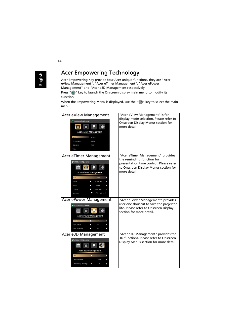 Acer empowering technology | Acer K330 User Manual | Page 24 / 54