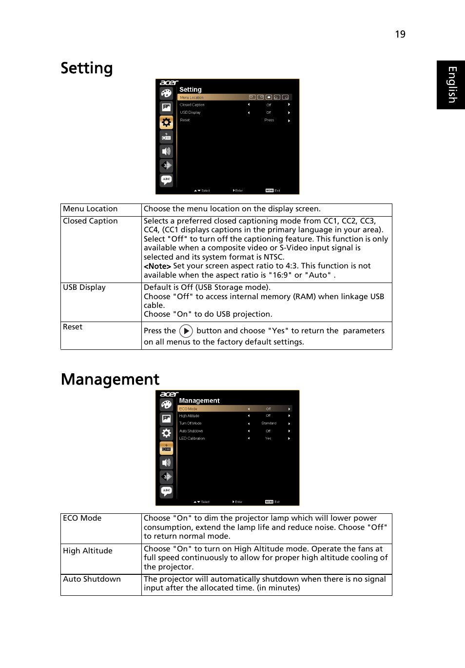 Setting, Management, Setting management | Acer K330 User Manual | Page 29 / 54