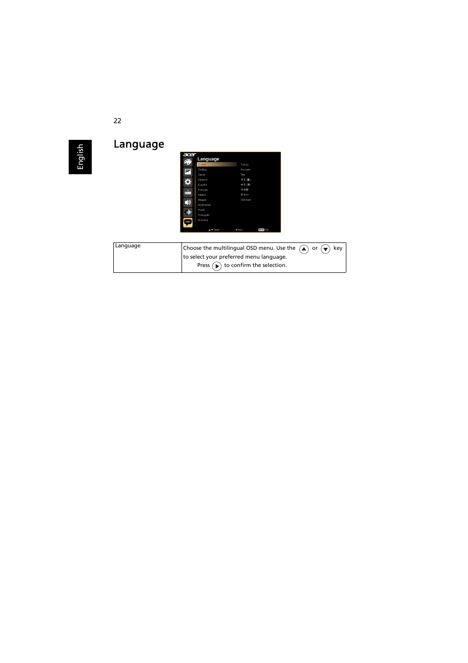 Language | Acer K330 User Manual | Page 32 / 54