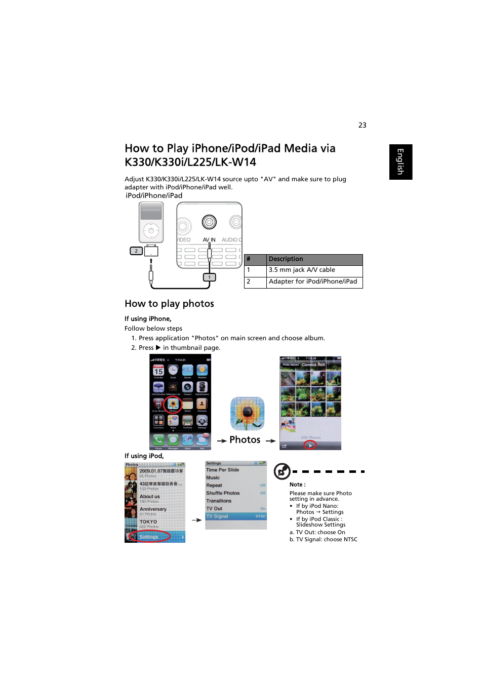 How to play photos, Photos | Acer K330 User Manual | Page 33 / 54