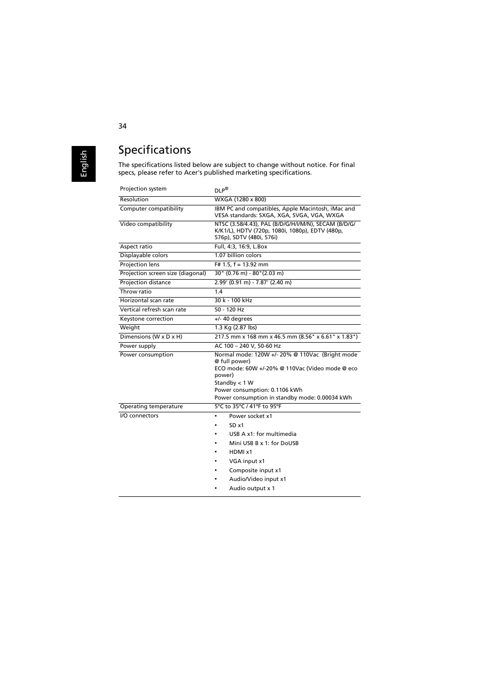 Specifications, En gl ish | Acer K330 User Manual | Page 44 / 54