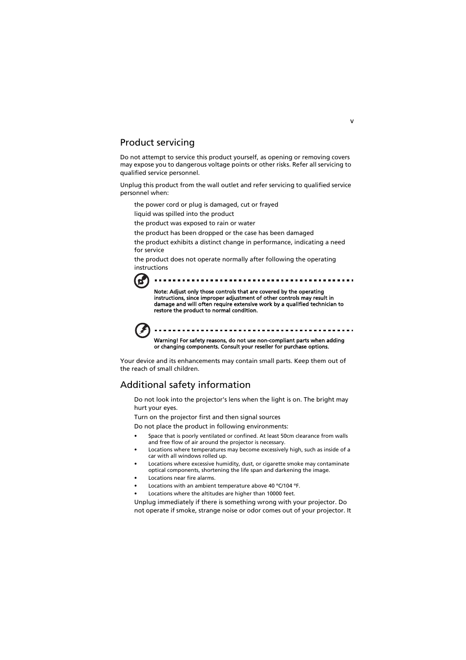Product servicing, Additional safety information | Acer K330 User Manual | Page 5 / 54