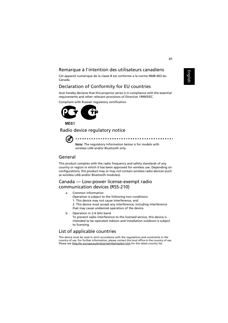 Remarque à l'intention des utilisateurs canadiens, Declaration of conformity for eu countries, Radio device regulatory notice | General, List of applicable countries | Acer K330 User Manual | Page 51 / 54