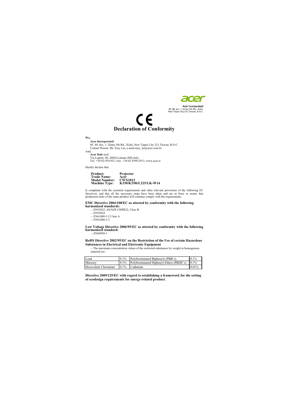 Declaration of conformity | Acer K330 User Manual | Page 52 / 54