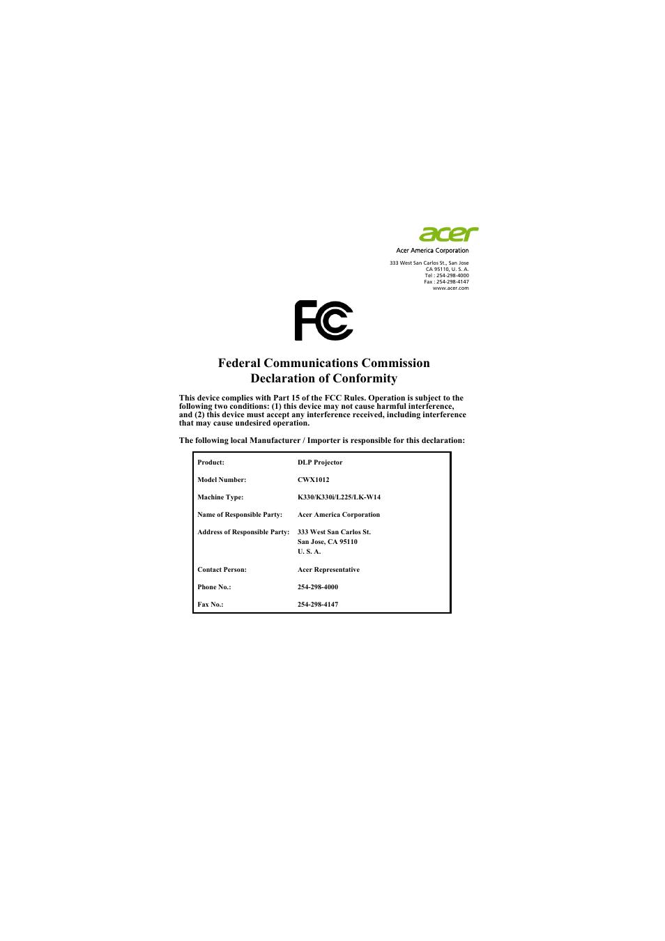 Acer K330 User Manual | Page 54 / 54