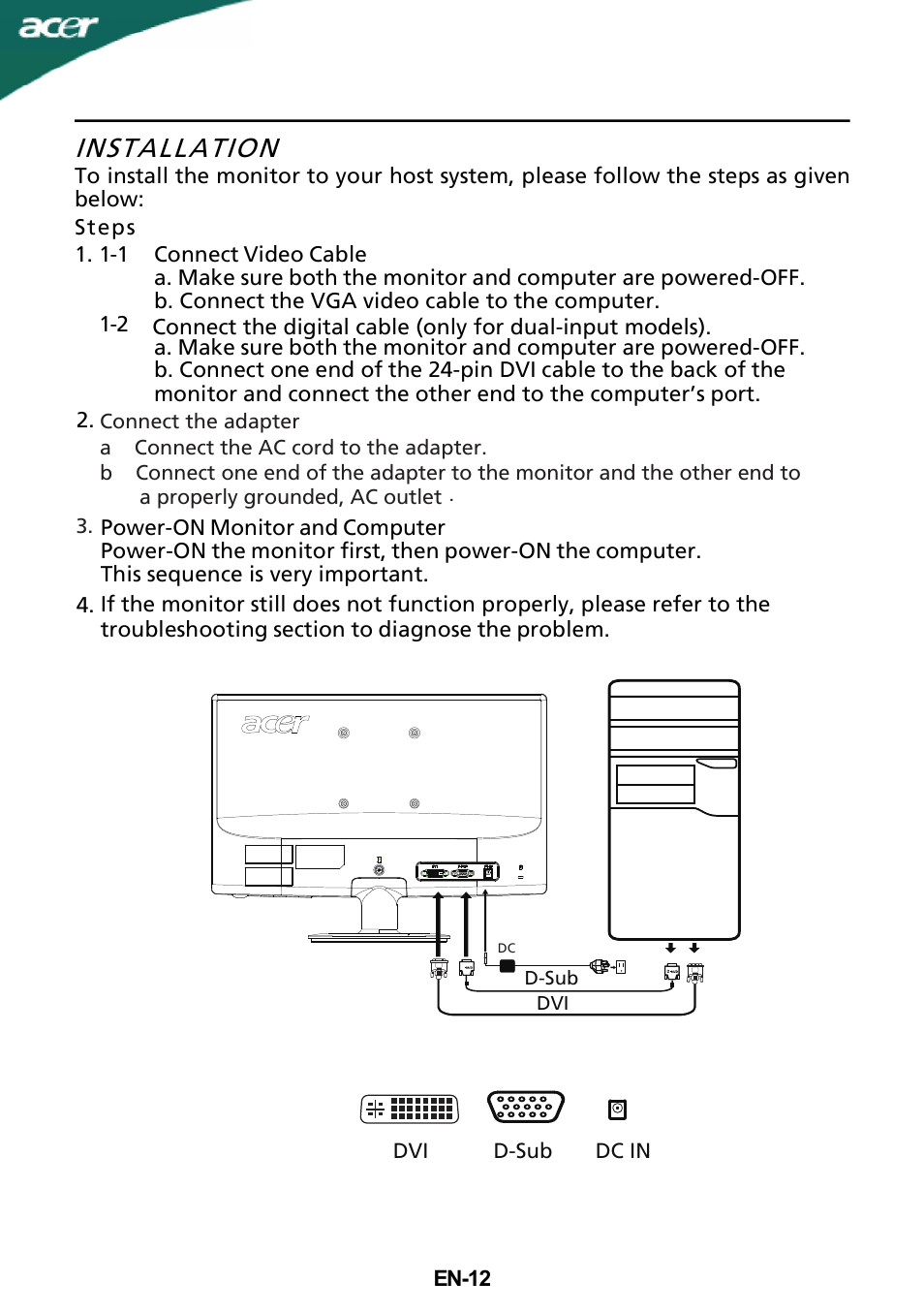 Installation | Acer S181HL User Manual | Page 13 / 23
