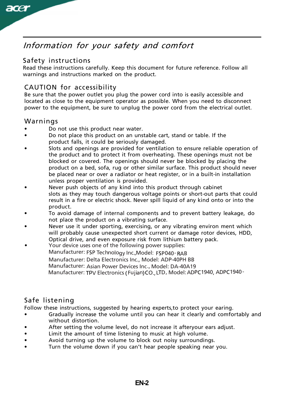 Information for your safety and, Comfort, En-2 | Safety instructions, Caution for accessibility, Warnings, Safe listening | Acer S181HL User Manual | Page 3 / 23